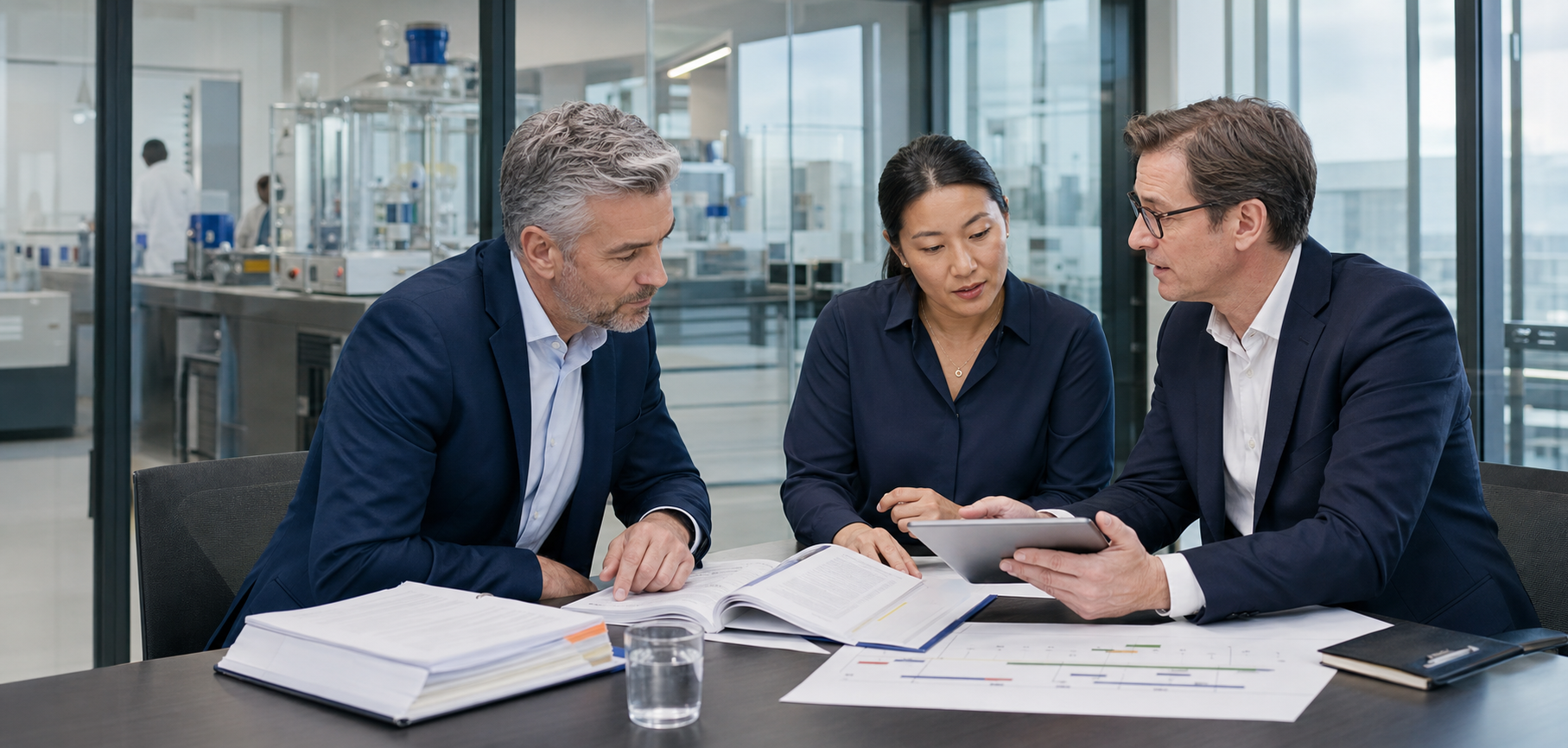 Pharmaceutical executives and a scientific adviser reviewing a European market-entry program